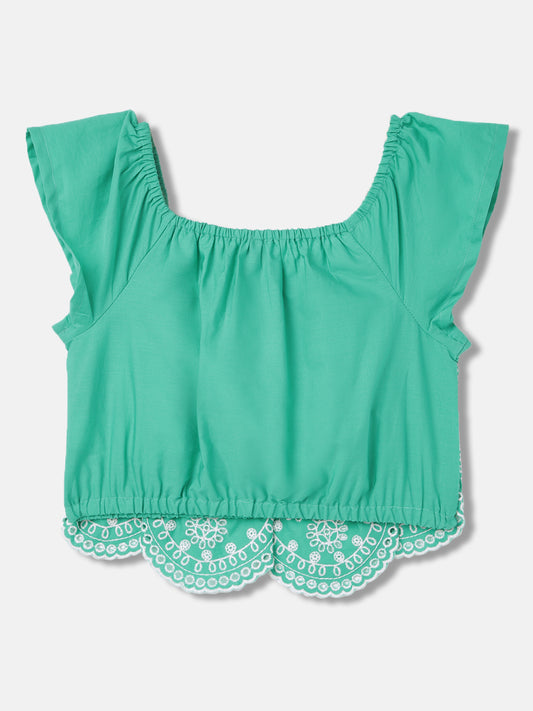Blue Giraffe Girls Green Embroidered Square Neck Short Sleeves Top