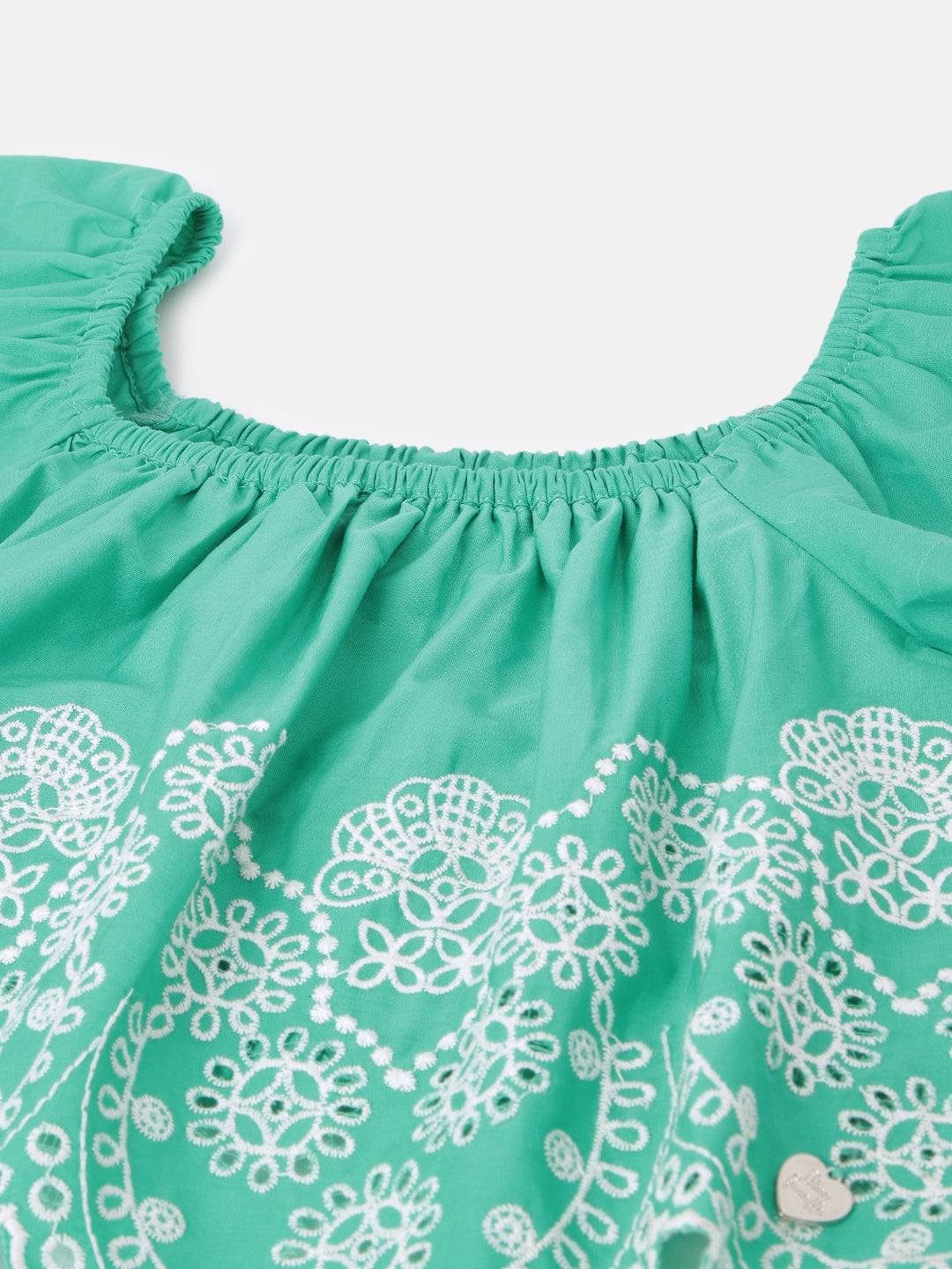 Blue Giraffe Girls Green Embroidered Square Neck Short Sleeves Top