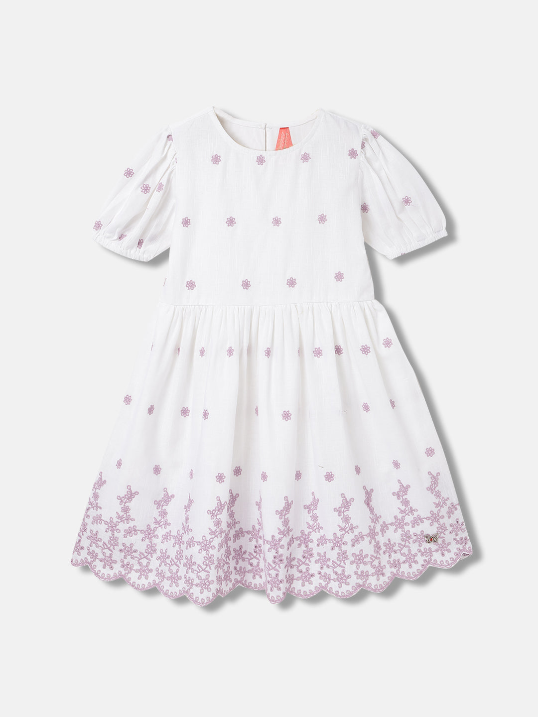 Blue Giraffe Girls White Embroidered Round Neck Short Sleeves Dress
