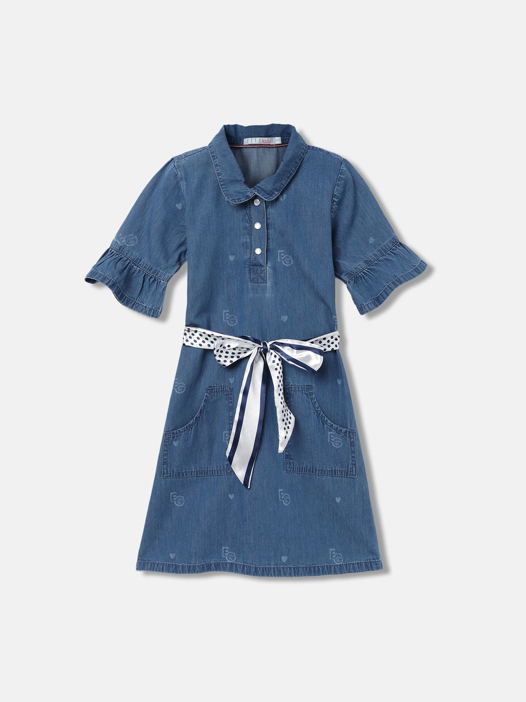 Elle Kids Girls Blue Printed Shirt Collar Short Sleeves Dress