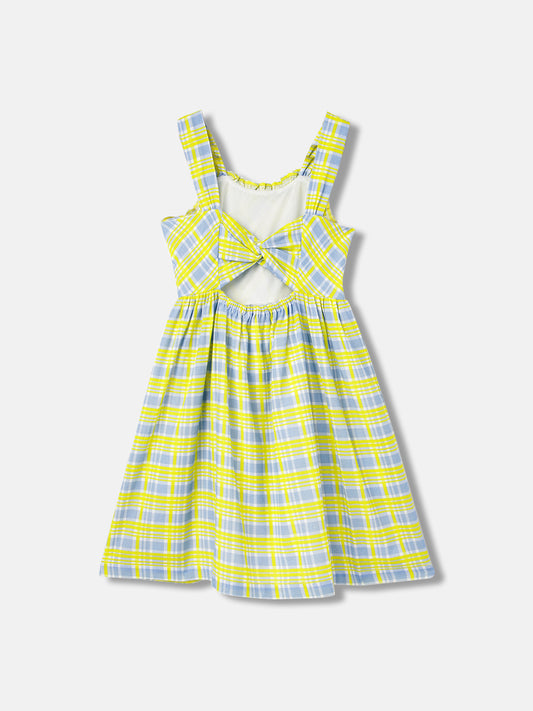 Elle Girls Yellow Checked Square Neck Sleeveless Dress