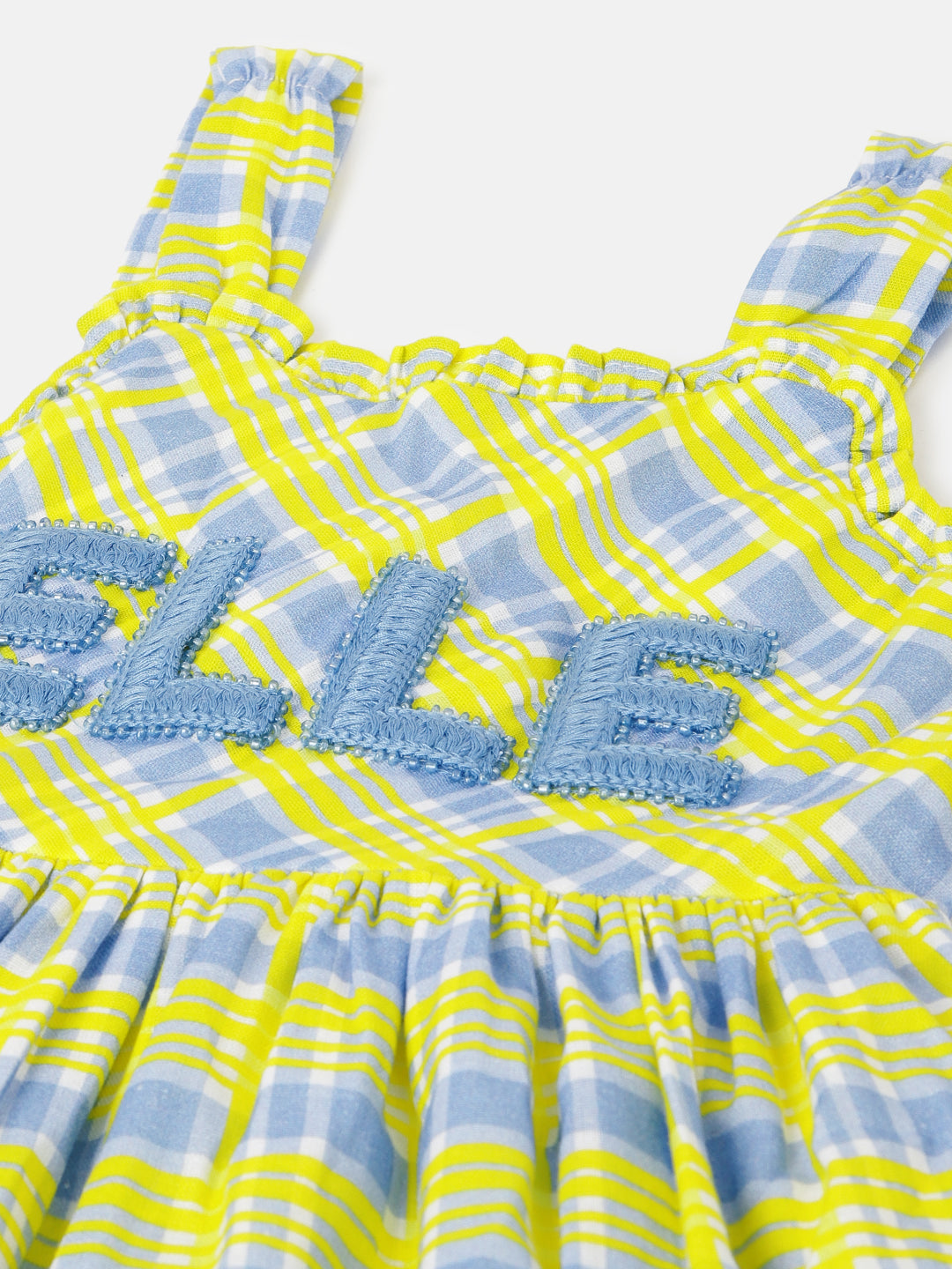 Elle Girls Yellow Checked Square Neck Sleeveless Dress