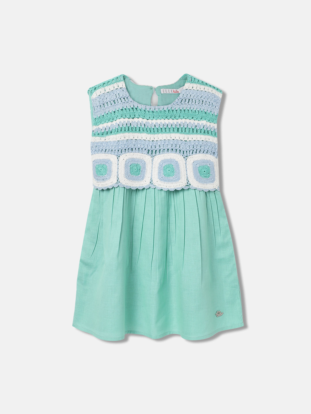 Elle Kids Girls Green Self-Design Round Neck Sleeveless Dress