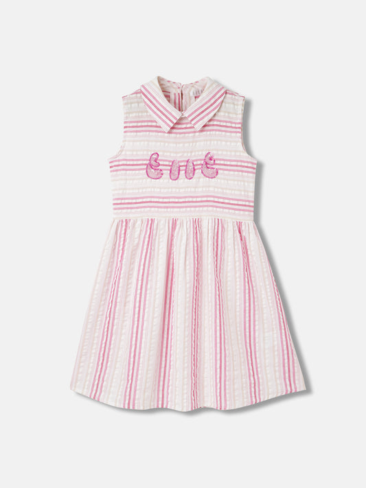 Elle Girls White Striped Shirt Collar Sleeveless Dress