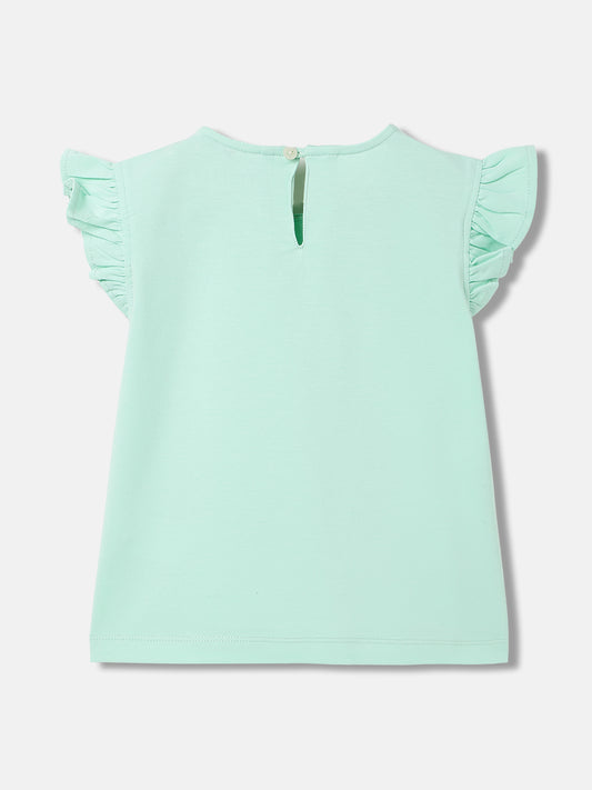 Elle Kids Girls Green Solid Round Neck Short Sleeves Top