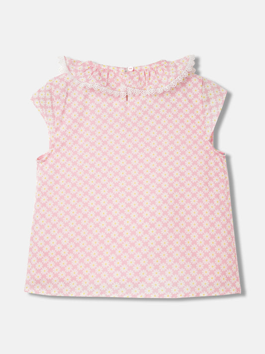 Elle Girls Pink Printed Round Neck Short Sleeves Top