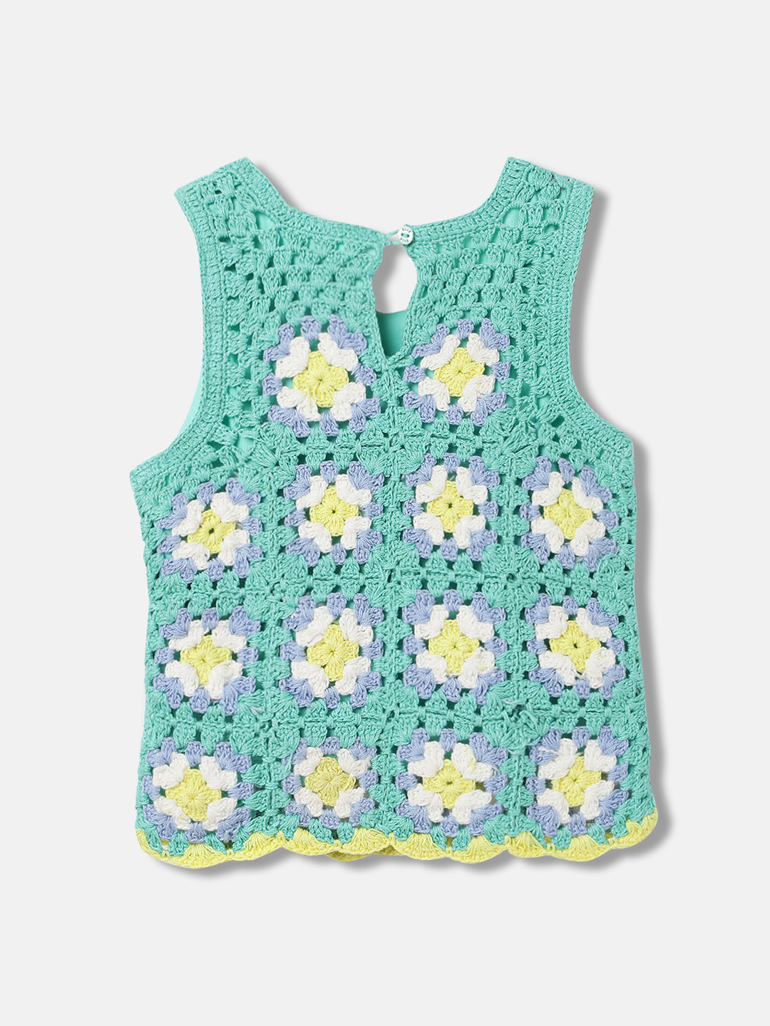 Elle Kids Girls Green Self-Design Round Neck Sleeveless Top