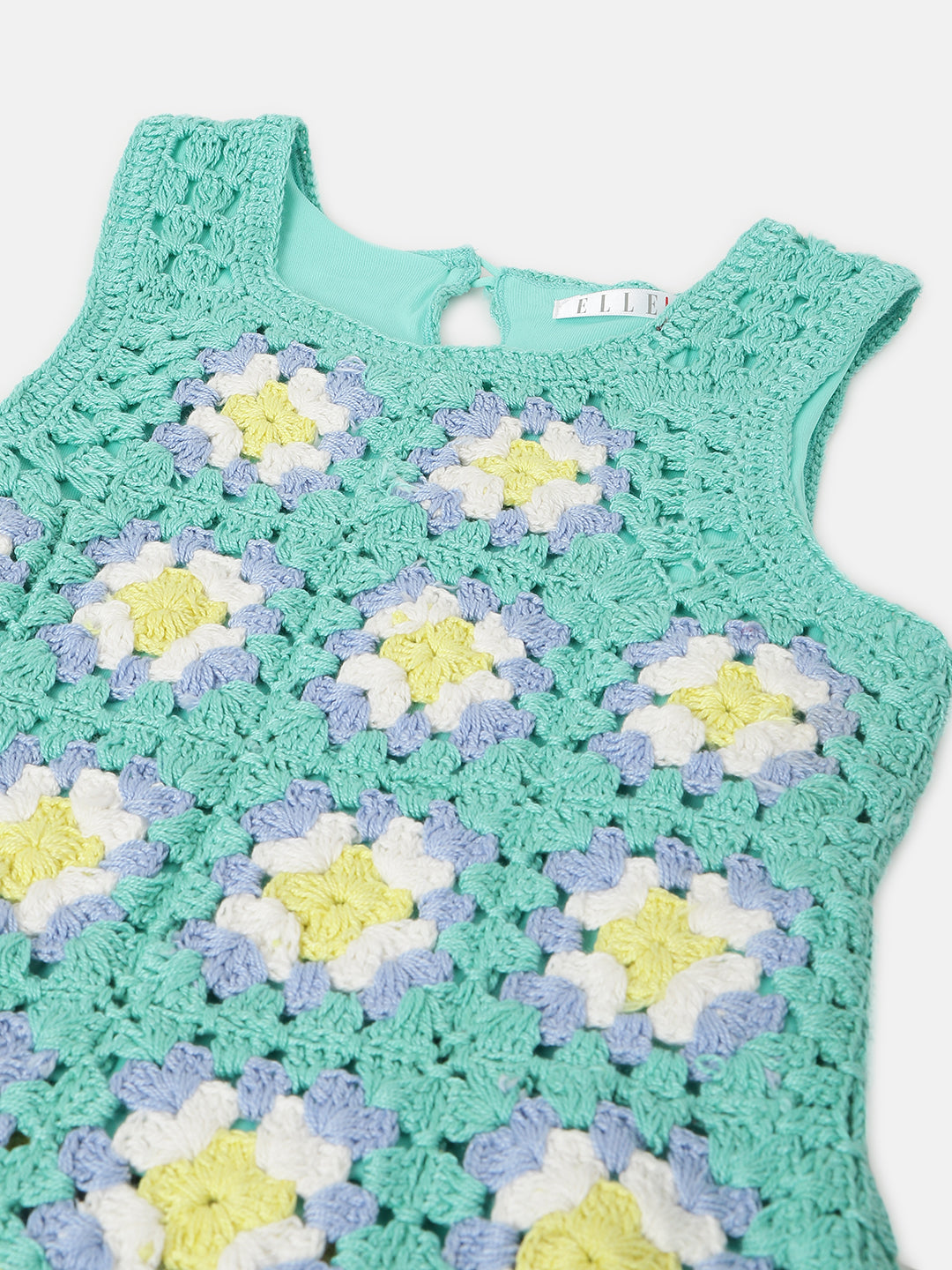 Elle Kids Girls Green Self-Design Round Neck Sleeveless Top