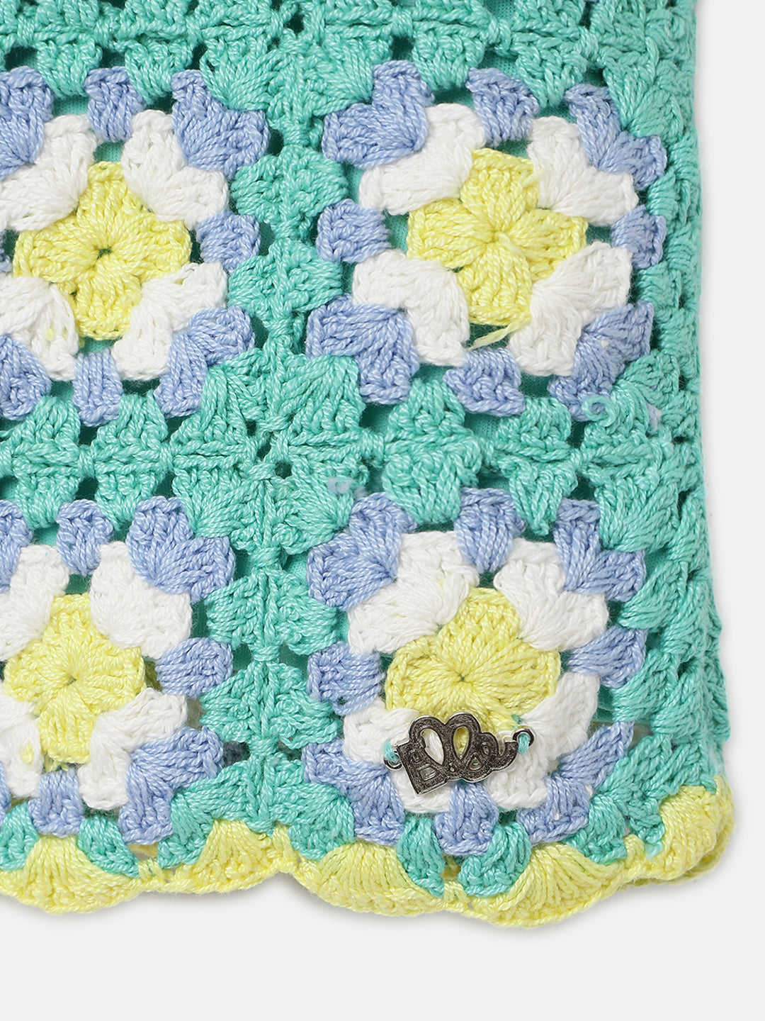 Elle Kids Girls Green Self-Design Round Neck Sleeveless Top