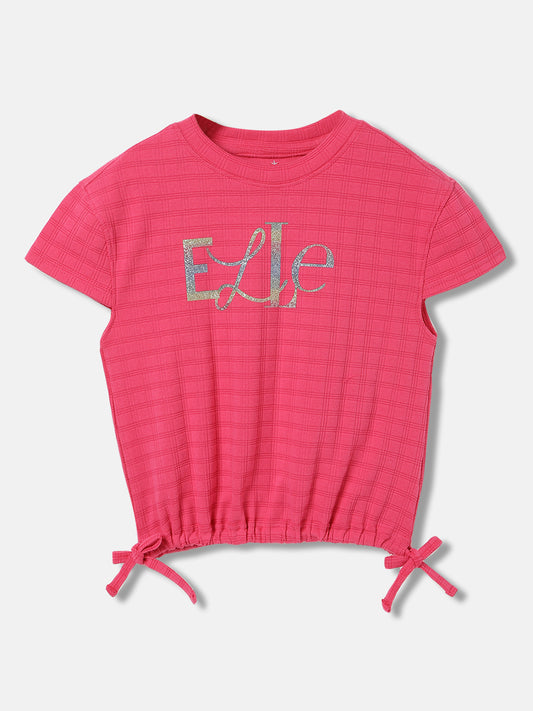 Elle Kids Girls Pink Solid Round Neck Short Sleeves Top