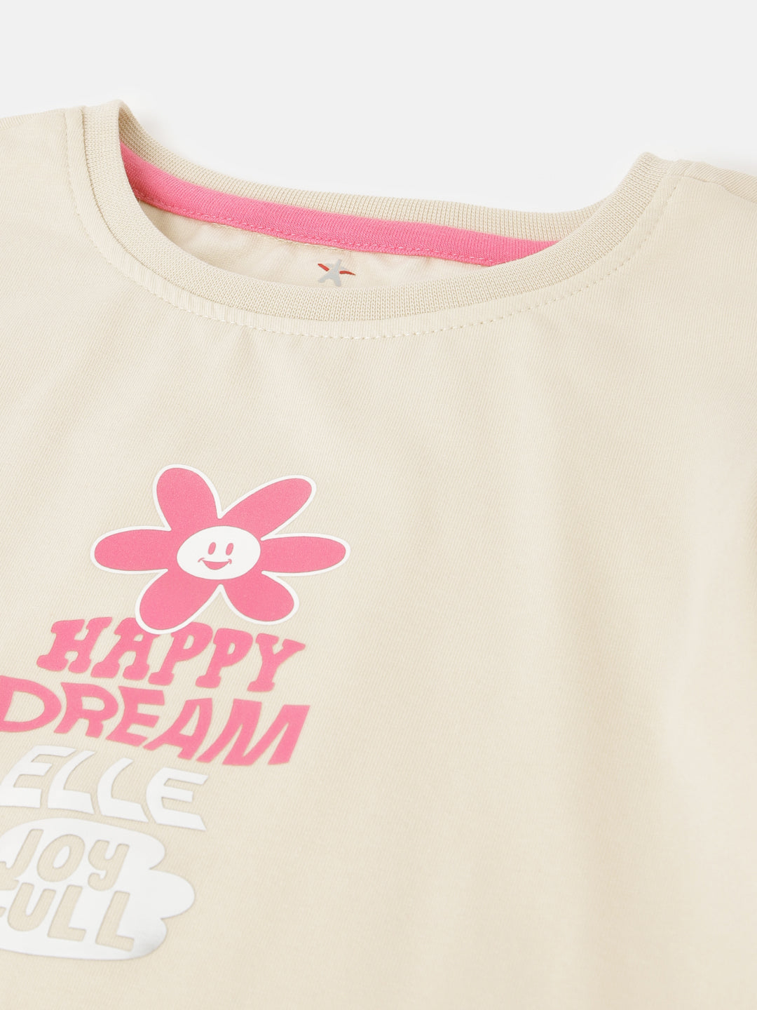 Elle Girls Beige Solid Round Neck Short Sleeves Top