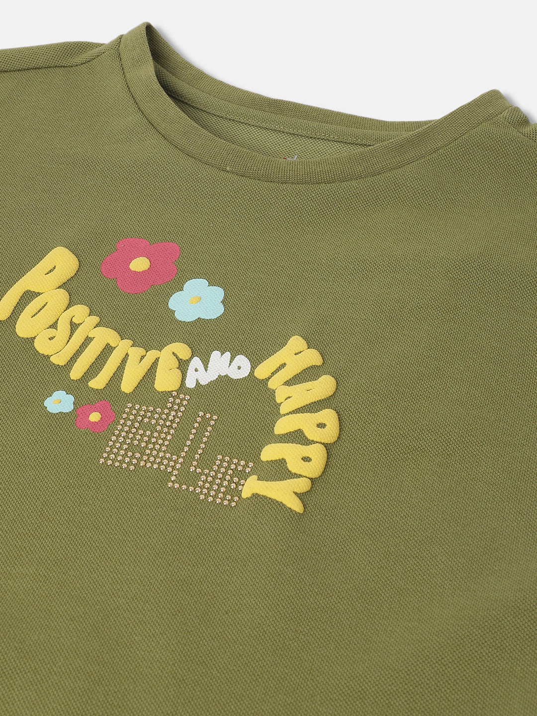 Elle Kids Girls Green Printed Round Neck Sleeveless Tshirt