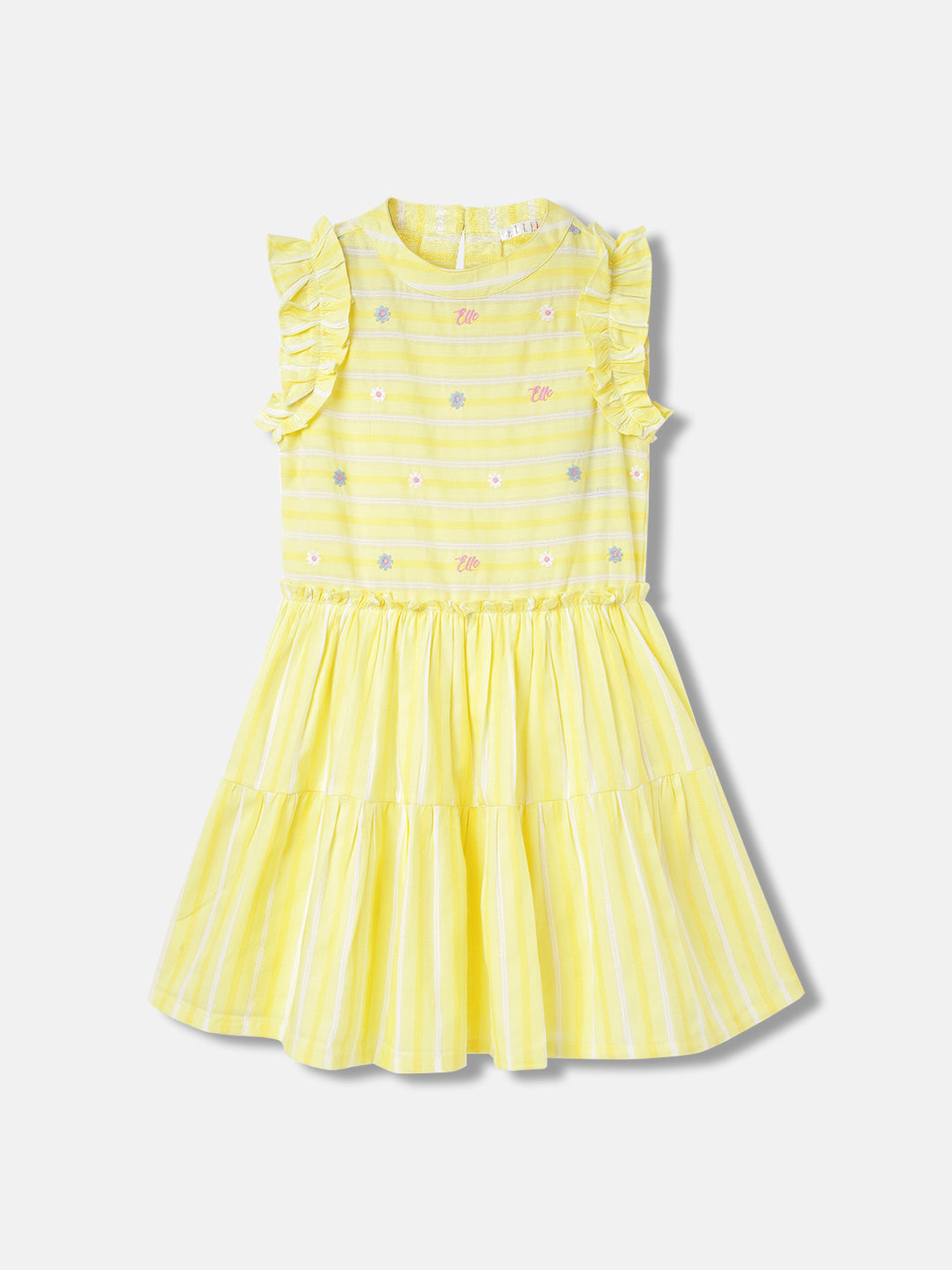 Elle Girls Yellow Striped Round Neck Short Sleeves Dress