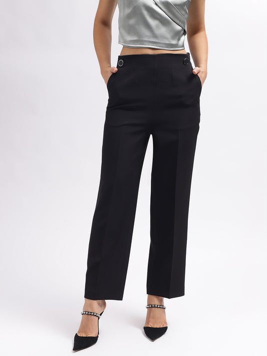 Centre Stage Women Black Solid Flared Mid-Rise Trouser