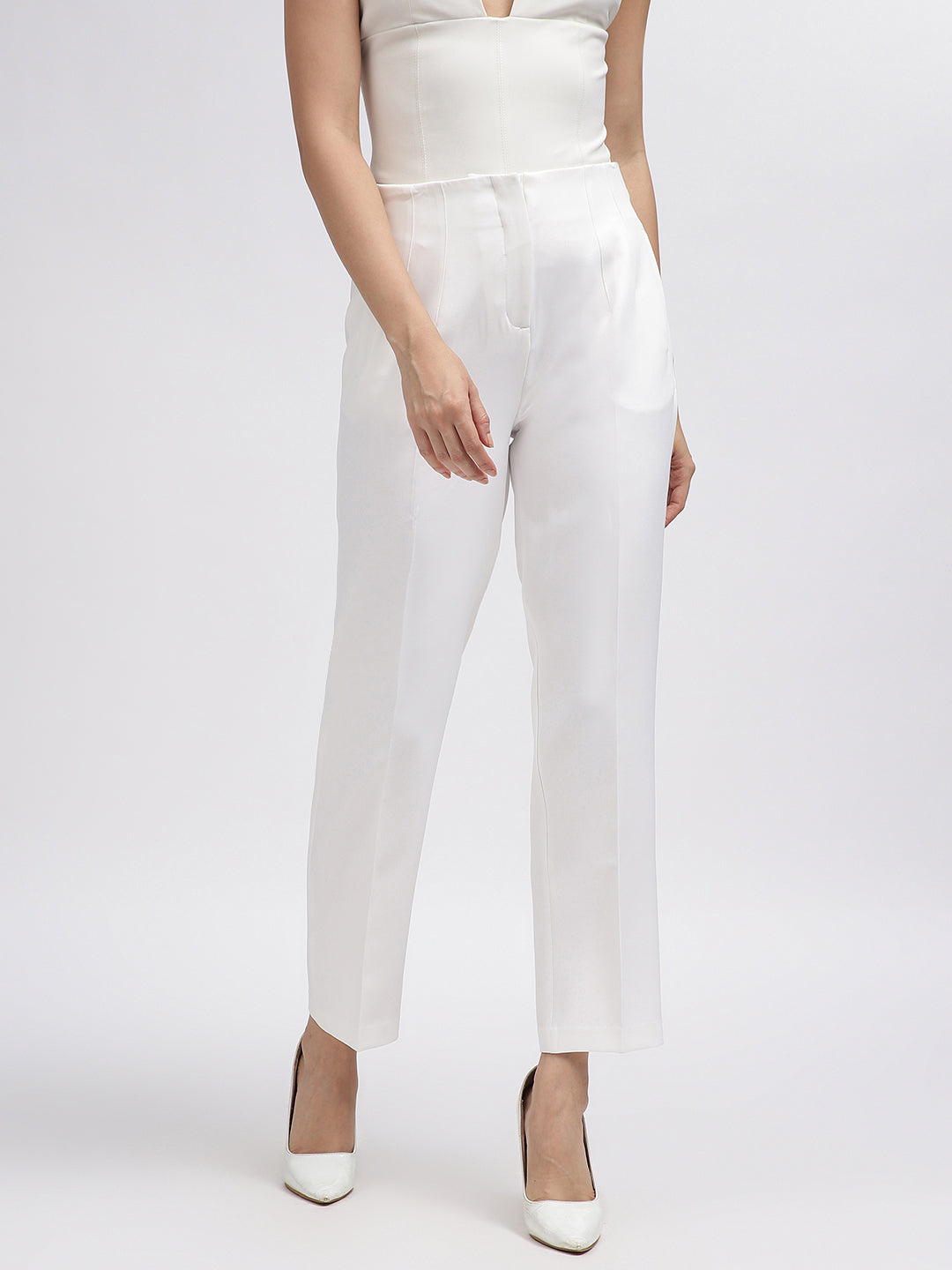 Centre Stage Women White Solid Tapered Fit Trouser