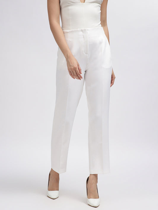 Centre Stage Women White Solid Tapered Fit Trouser