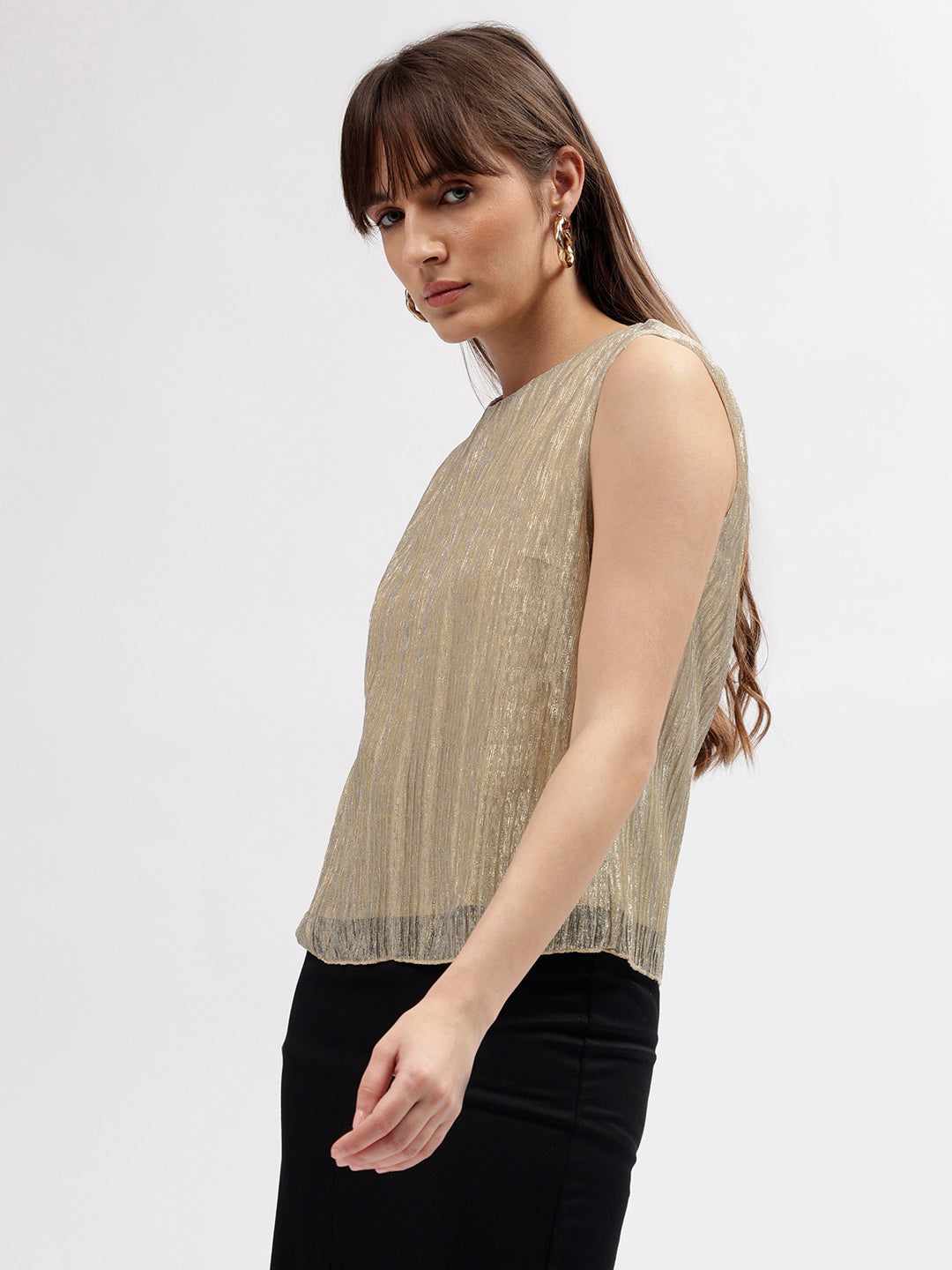 Centre Stage Women Gold Self Designed Round Neck Sleeveless Top