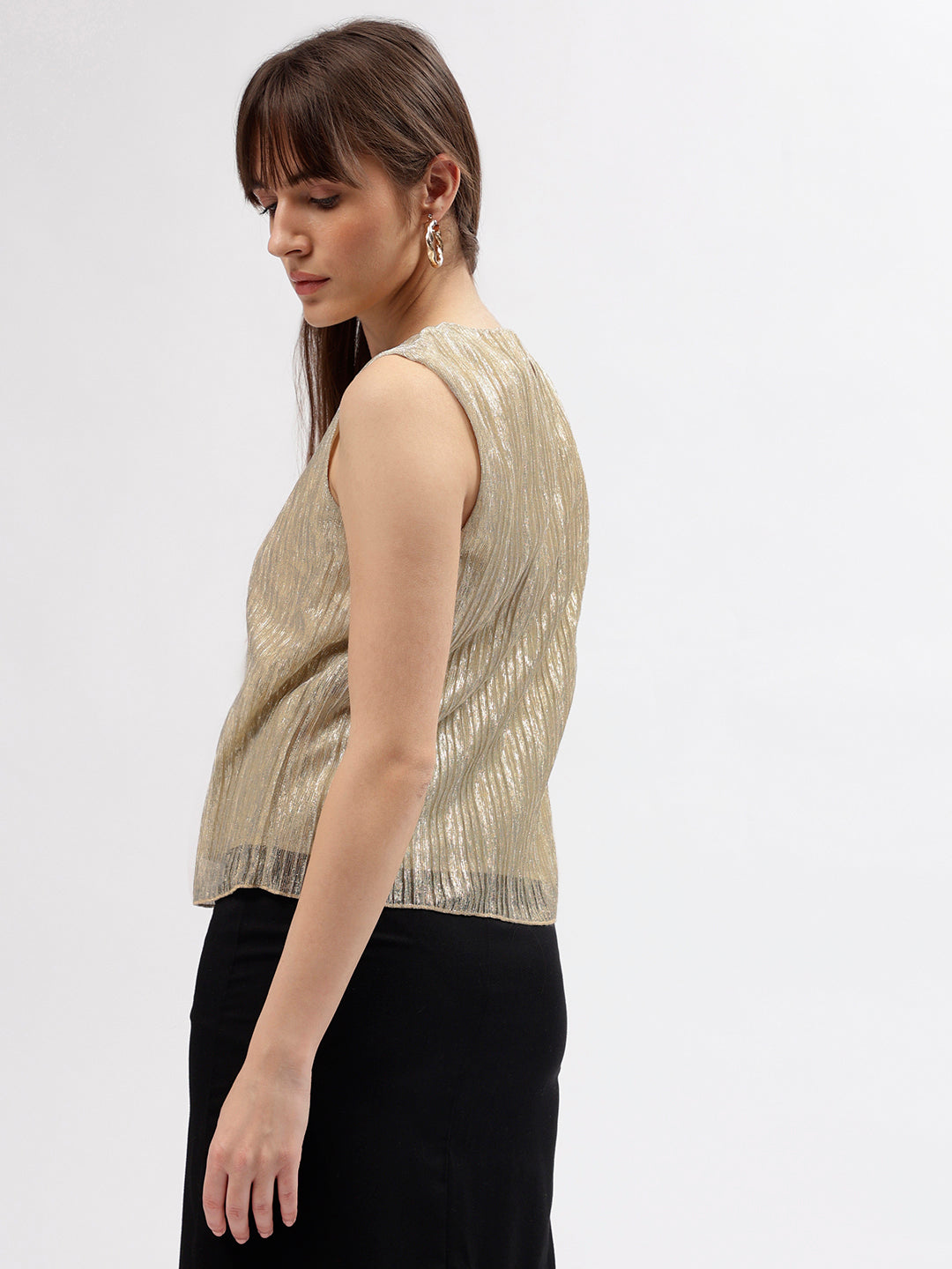 Centre Stage Women Gold Self Designed Round Neck Sleeveless Top