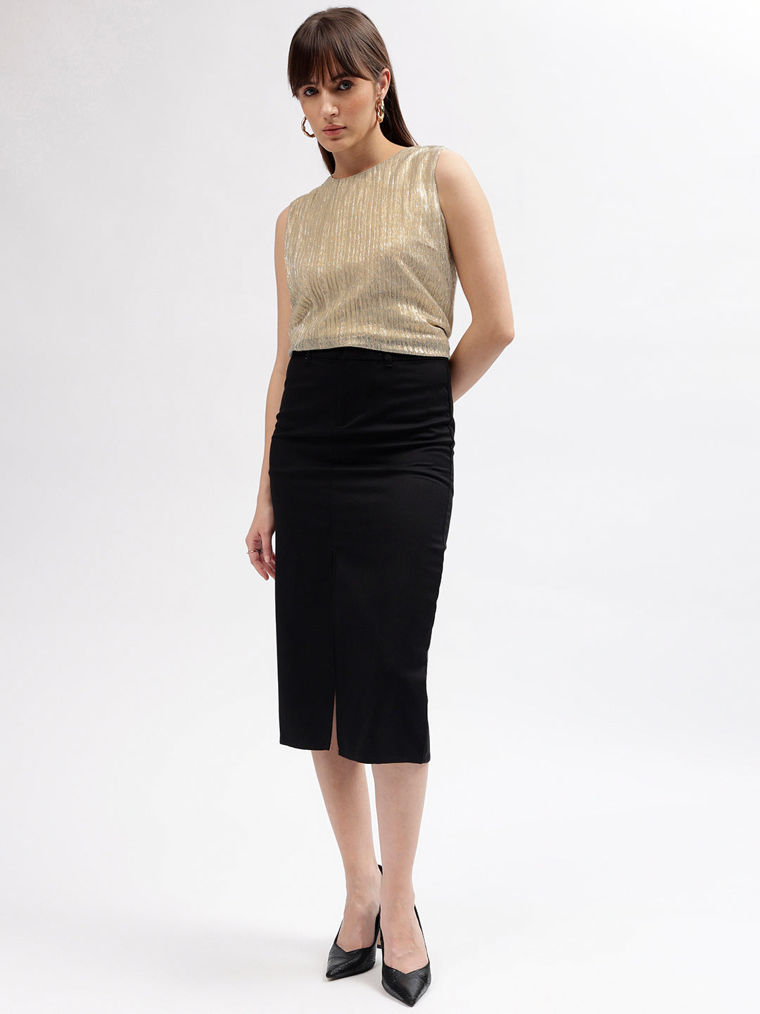 Centre Stage Women Gold Self Designed Round Neck Sleeveless Top