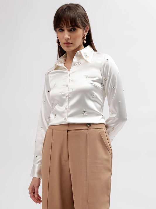 Centre Stage Women White Embellished Spread Collar Full Sleeves Shirt