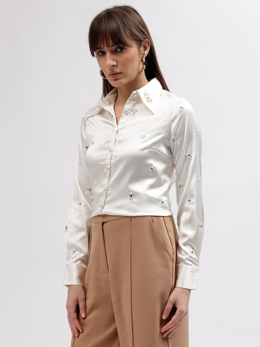 Centre Stage Women White Embellished Spread Collar Full Sleeves Shirt