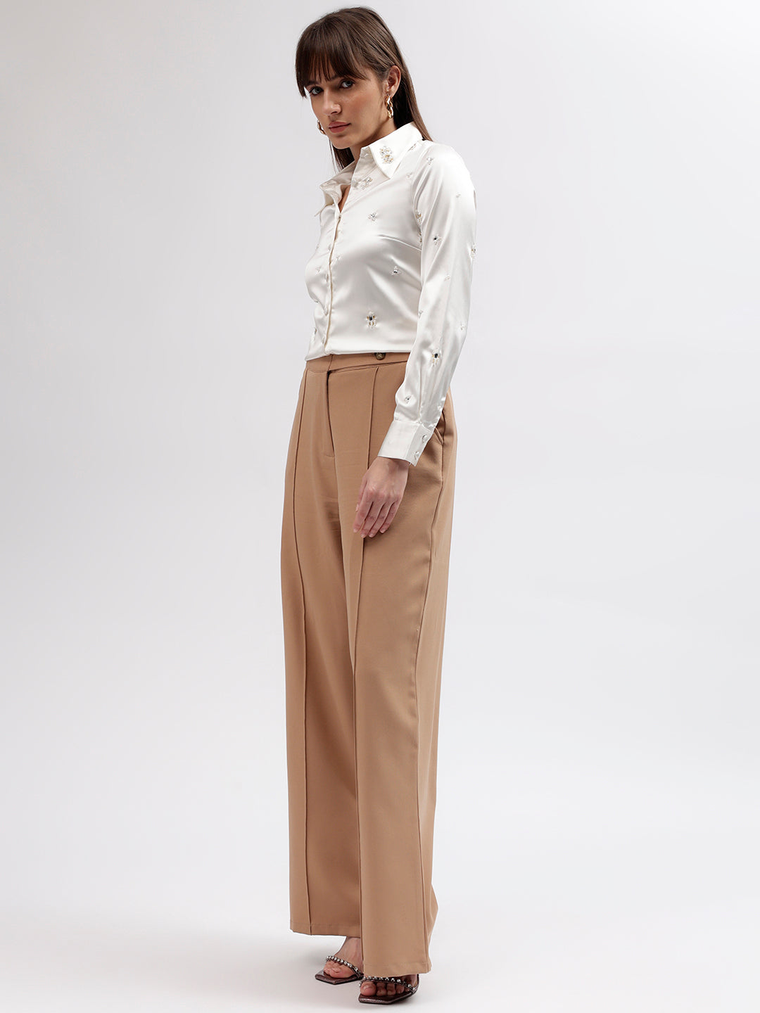 Centre Stage Women White Embellished Spread Collar Full Sleeves Shirt