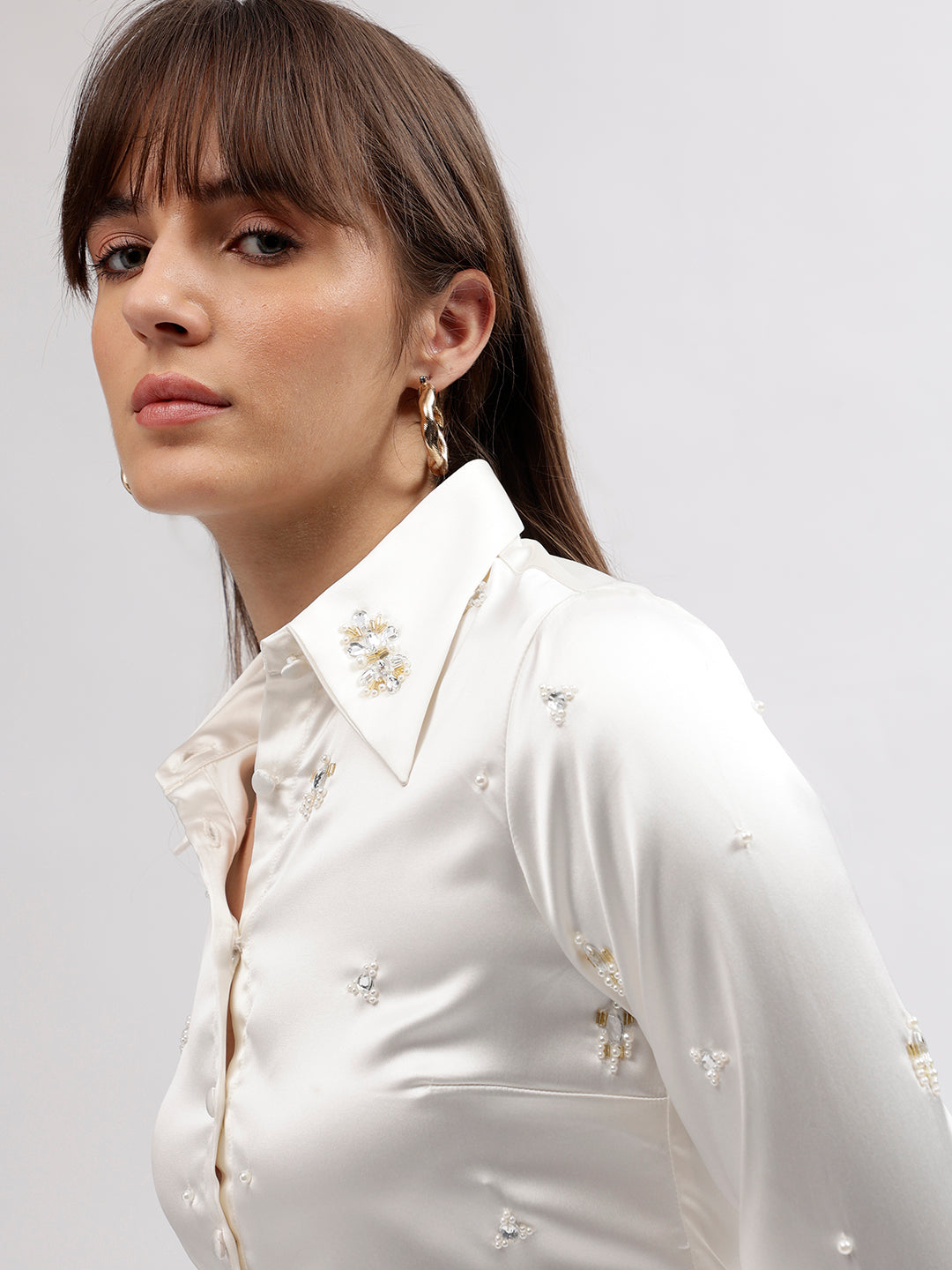Centre Stage Women White Embellished Spread Collar Full Sleeves Shirt