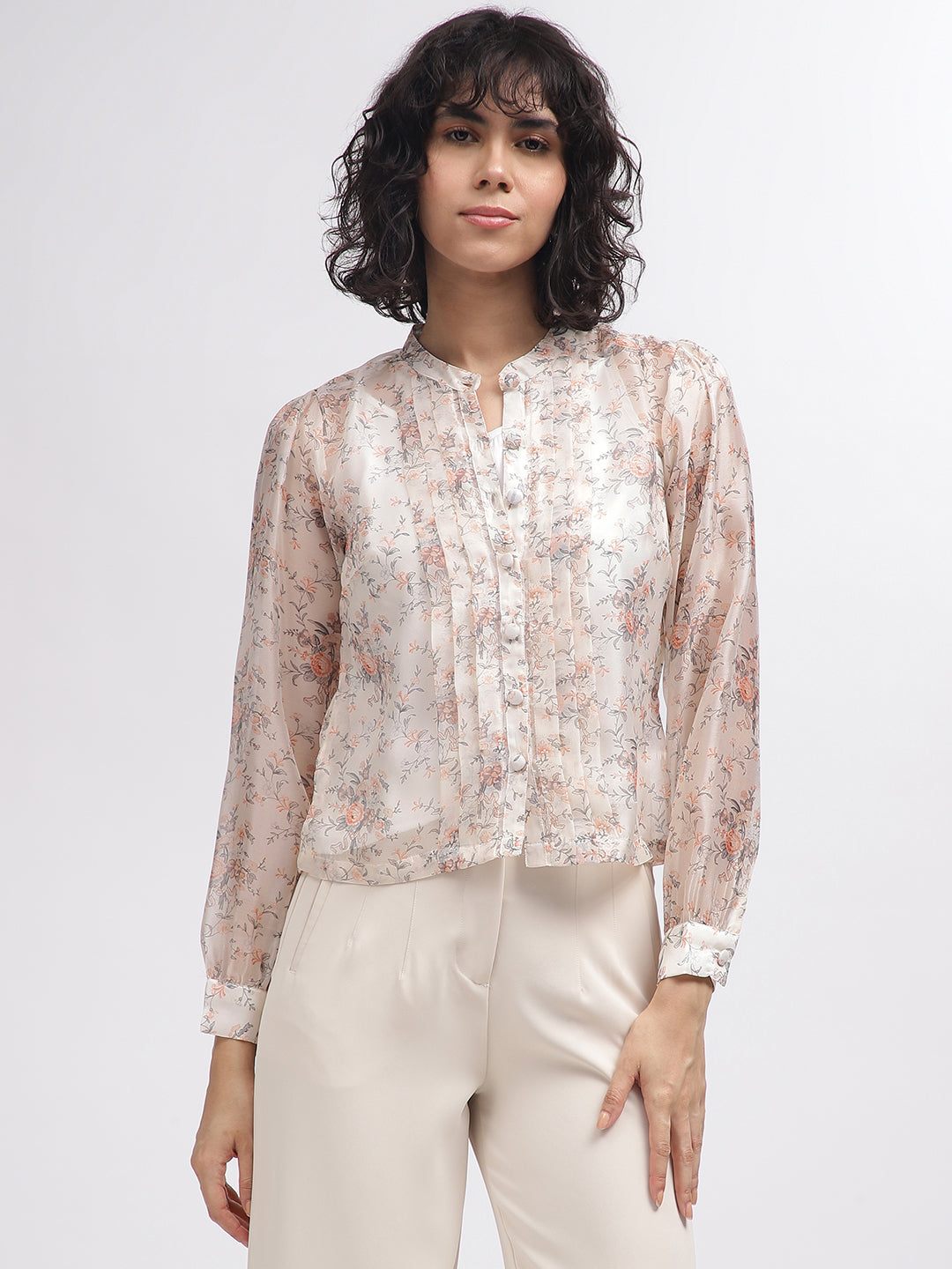 Centre Stage Women Multi Printed Band Collar Full Sleeves Top