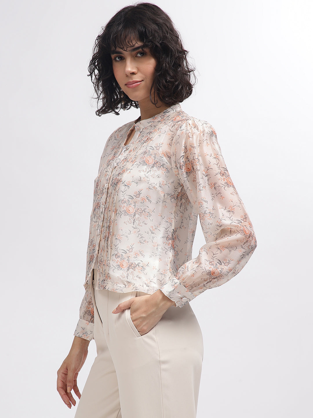 Centre Stage Women Multi Printed Band Collar Full Sleeves Top