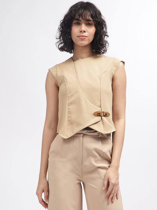 Centre Stage Women Beige Solid Assymetric Neck Short Sleeves Top