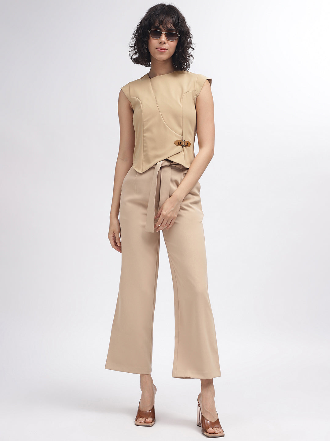 Centre Stage Women Beige Solid Assymetric Neck Short Sleeves Top