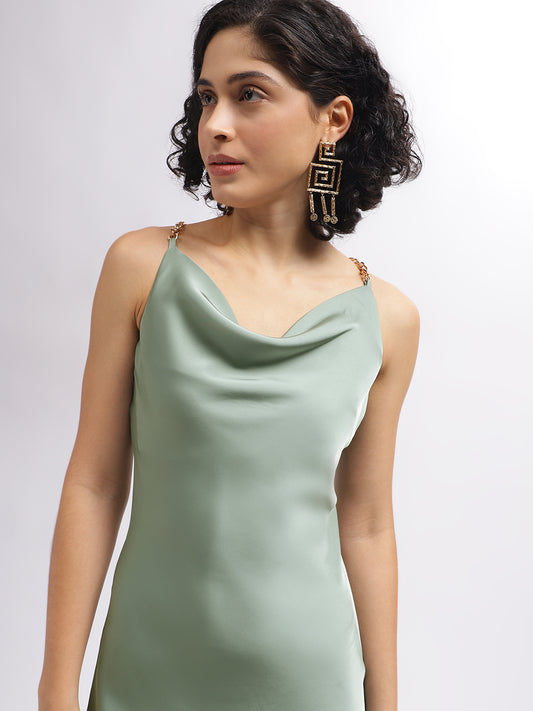 Centre Stage Women Green Solid Cowl Neck Shoulder Straps Dress
