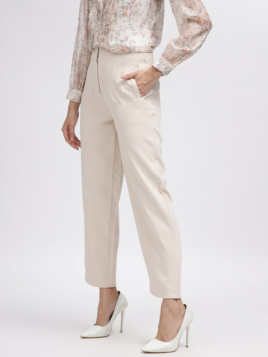 Centre Stage Women Beige Solid Tapered Fit Trouser
