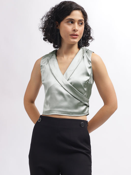 Centre Stage Women Green Solid V-Neck Sleeveless Top