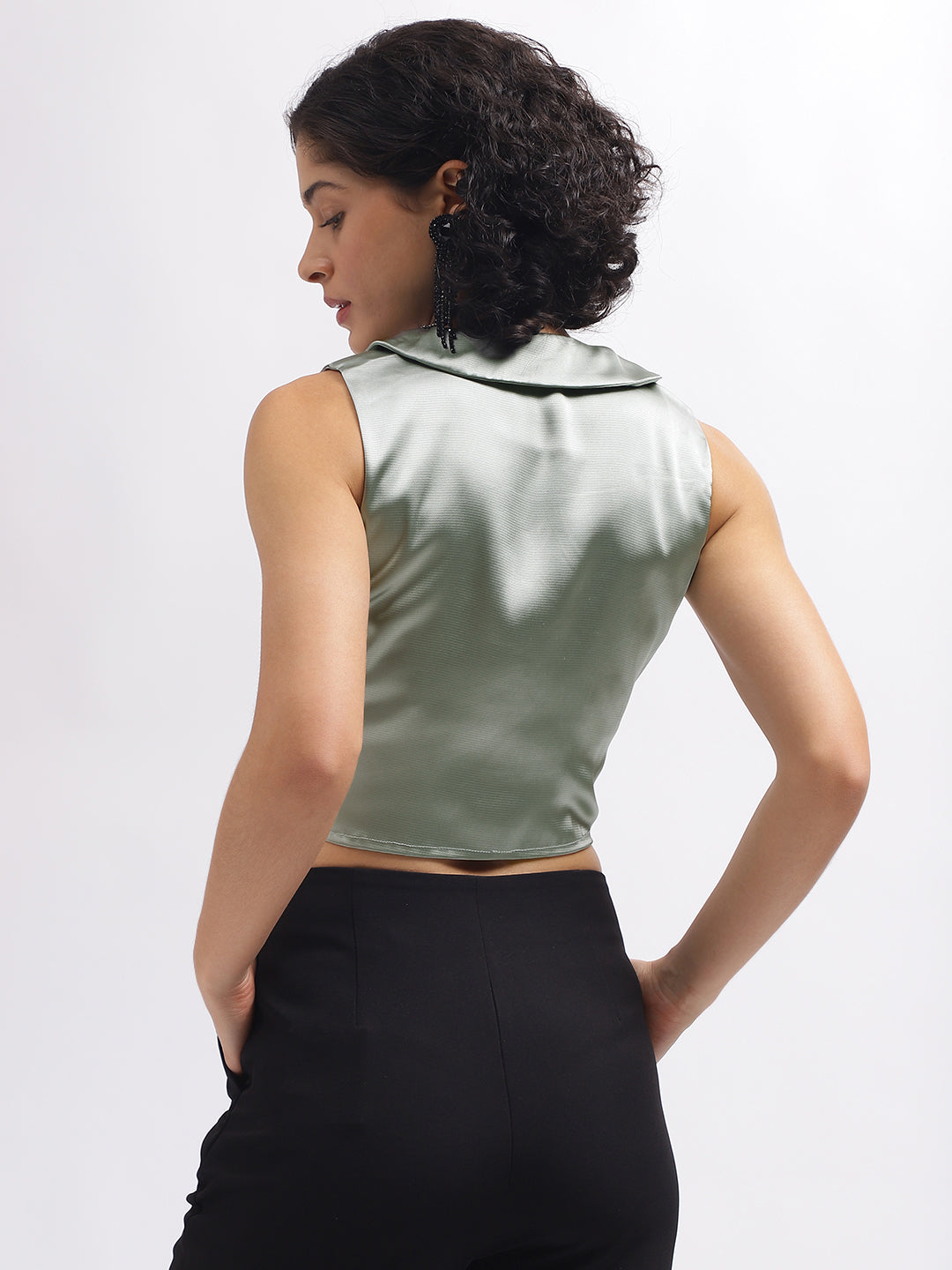 Centre Stage Women Green Solid V-Neck Sleeveless Top