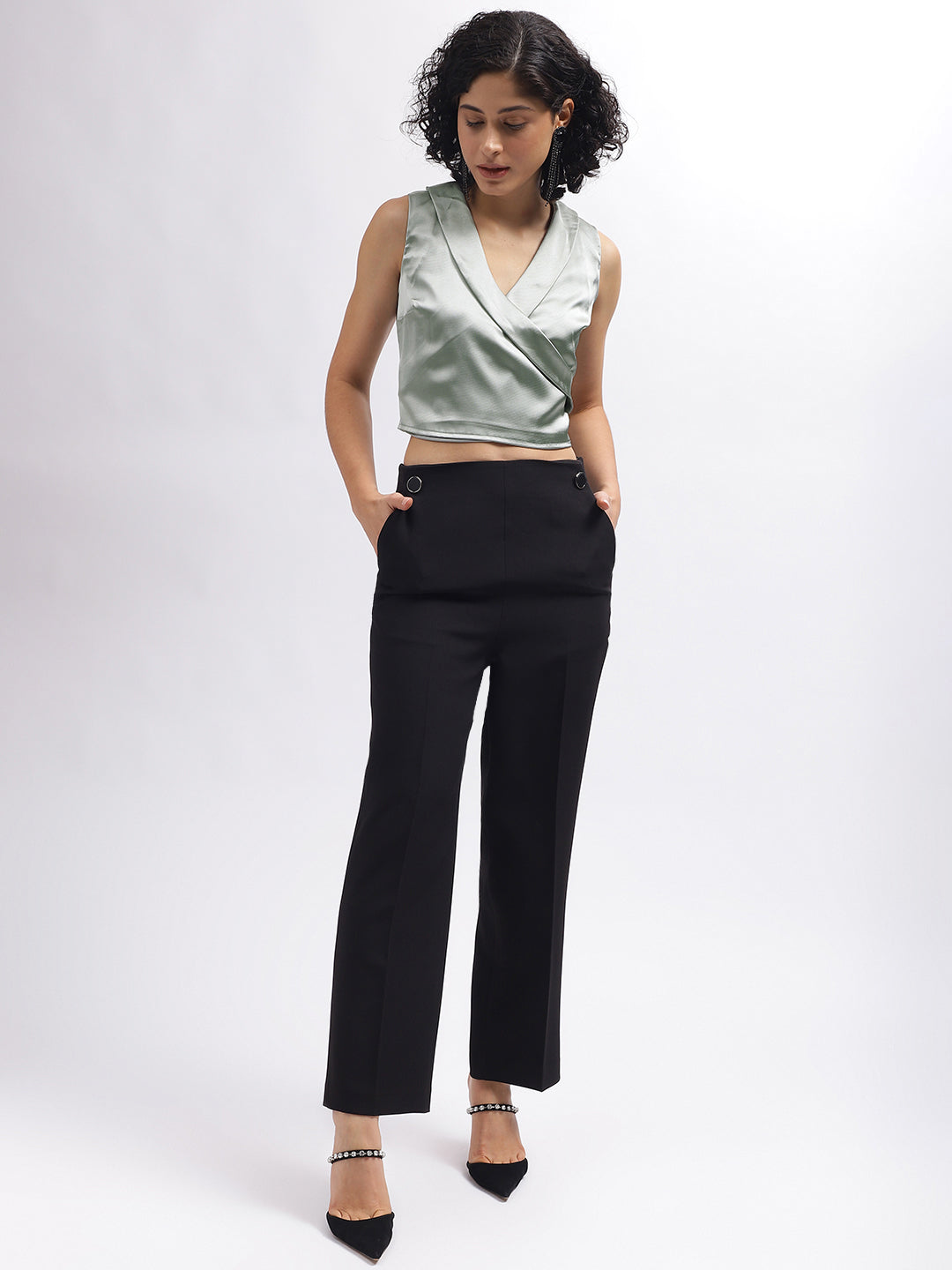 Centre Stage Women Green Solid V-Neck Sleeveless Top