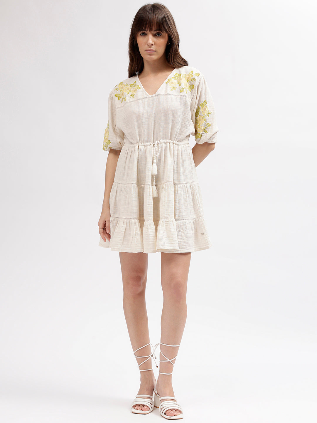 Elle Women Off White Embroidered V Neck 3/4th Sleeves Dress