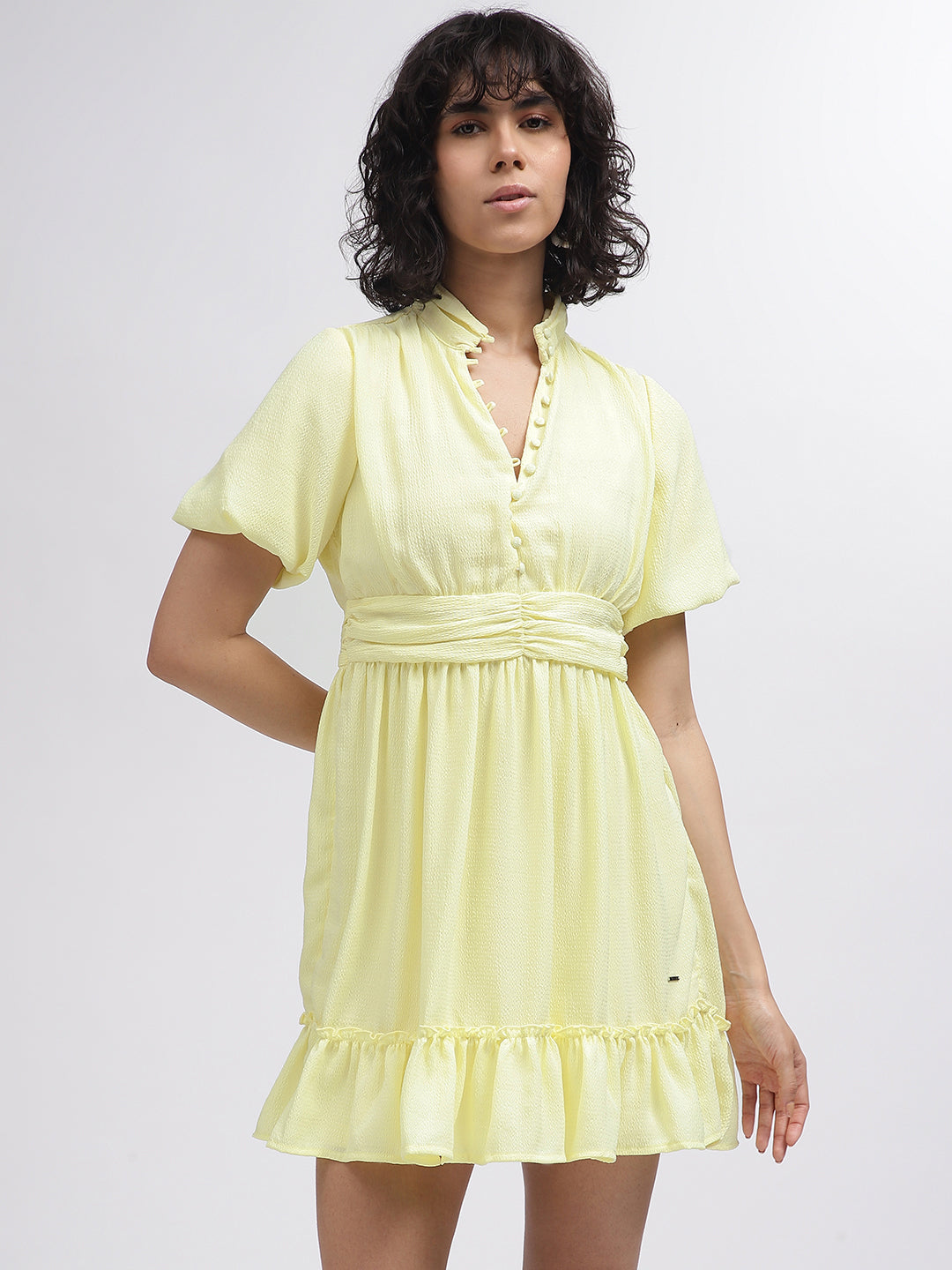 Elle Women Yellow Solid Band Collar Short Sleeves Dress