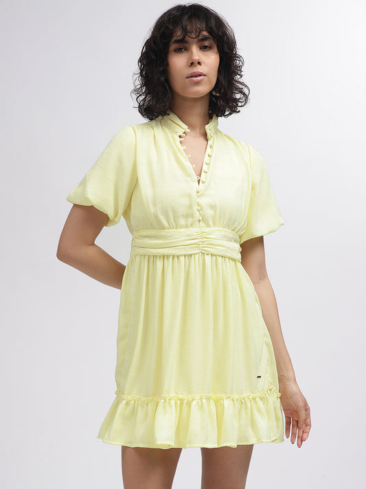 Elle Women Yellow Solid Band Collar Short Sleeves Dress