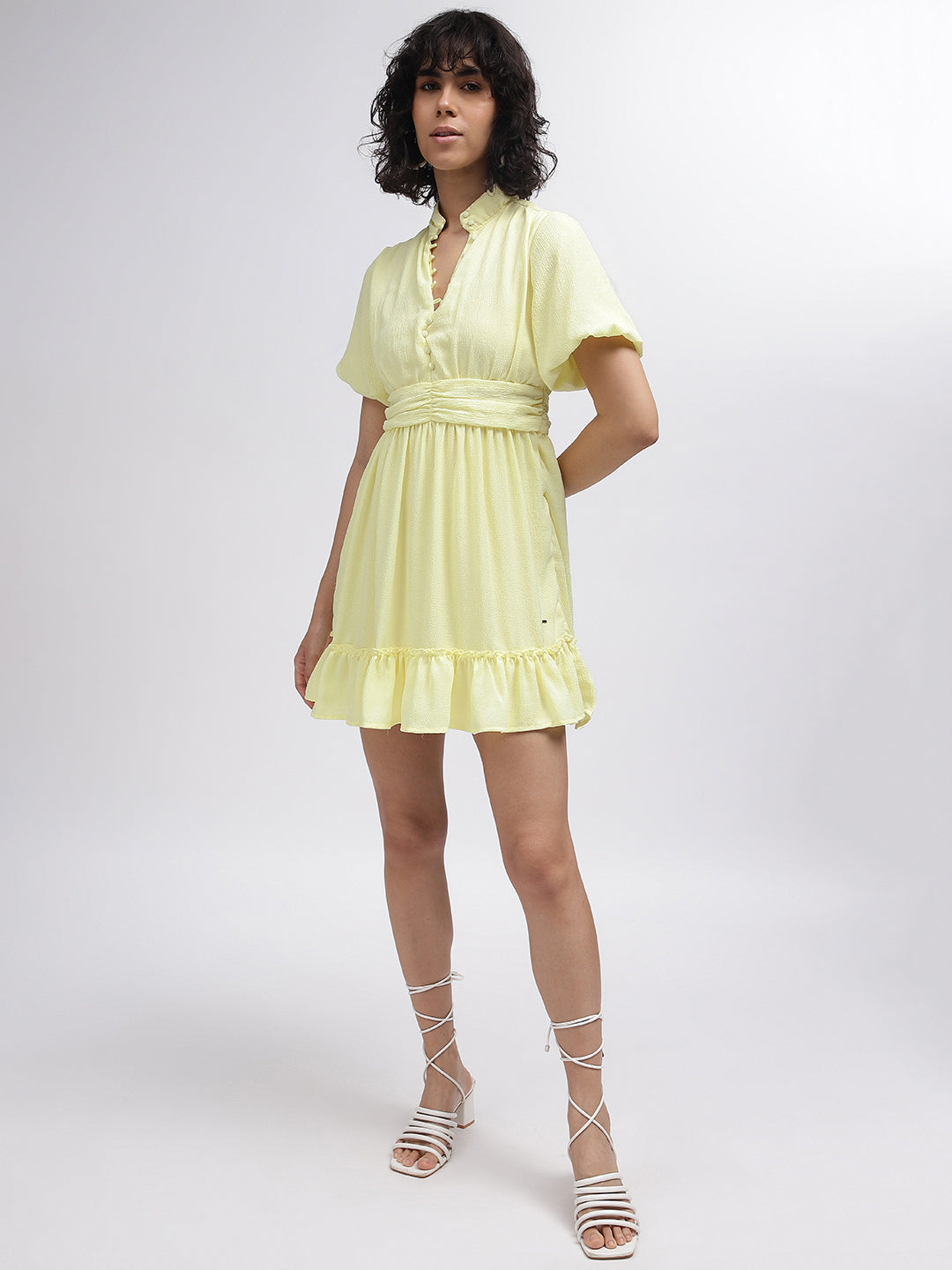 Elle Women Yellow Solid Band Collar Short Sleeves Dress