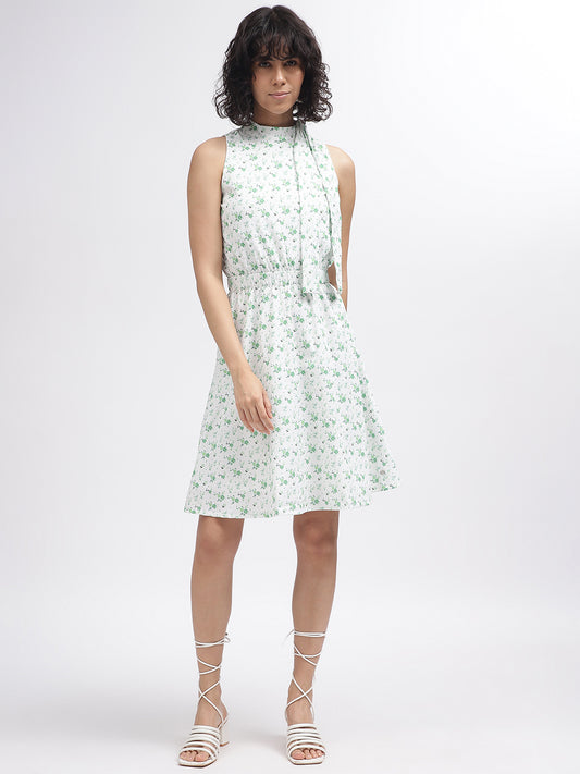 Elle Women Off White Printed High Neck Sleeveless Dress