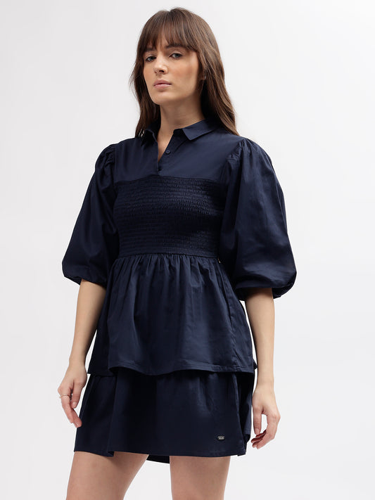 Elle Women Navy Blue Solid Shirt Collar 3/4th Sleeves Dress
