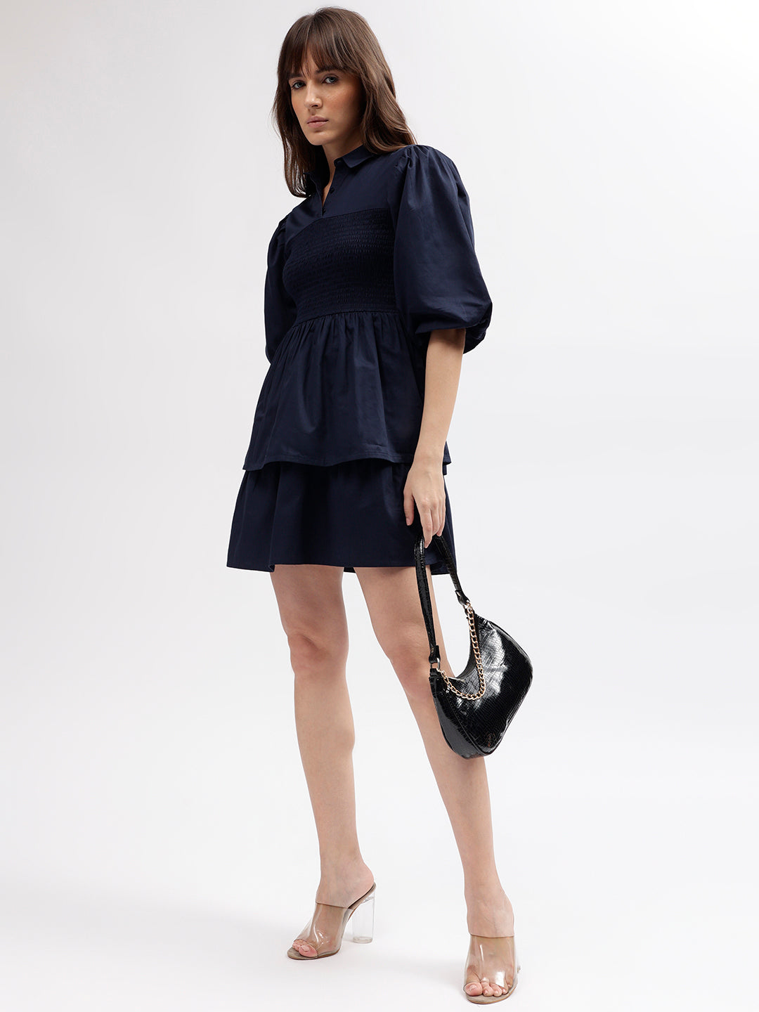 Elle Women Navy Blue Solid Shirt Collar 3/4th Sleeves Dress