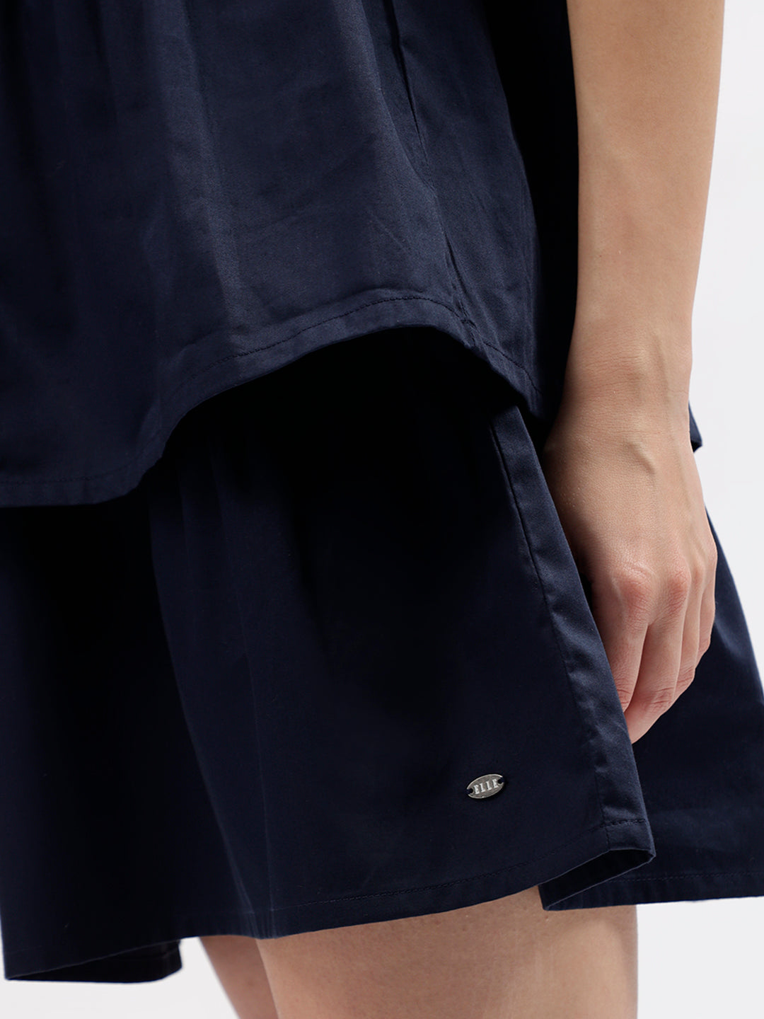 Elle Women Navy Blue Solid Shirt Collar 3/4th Sleeves Dress