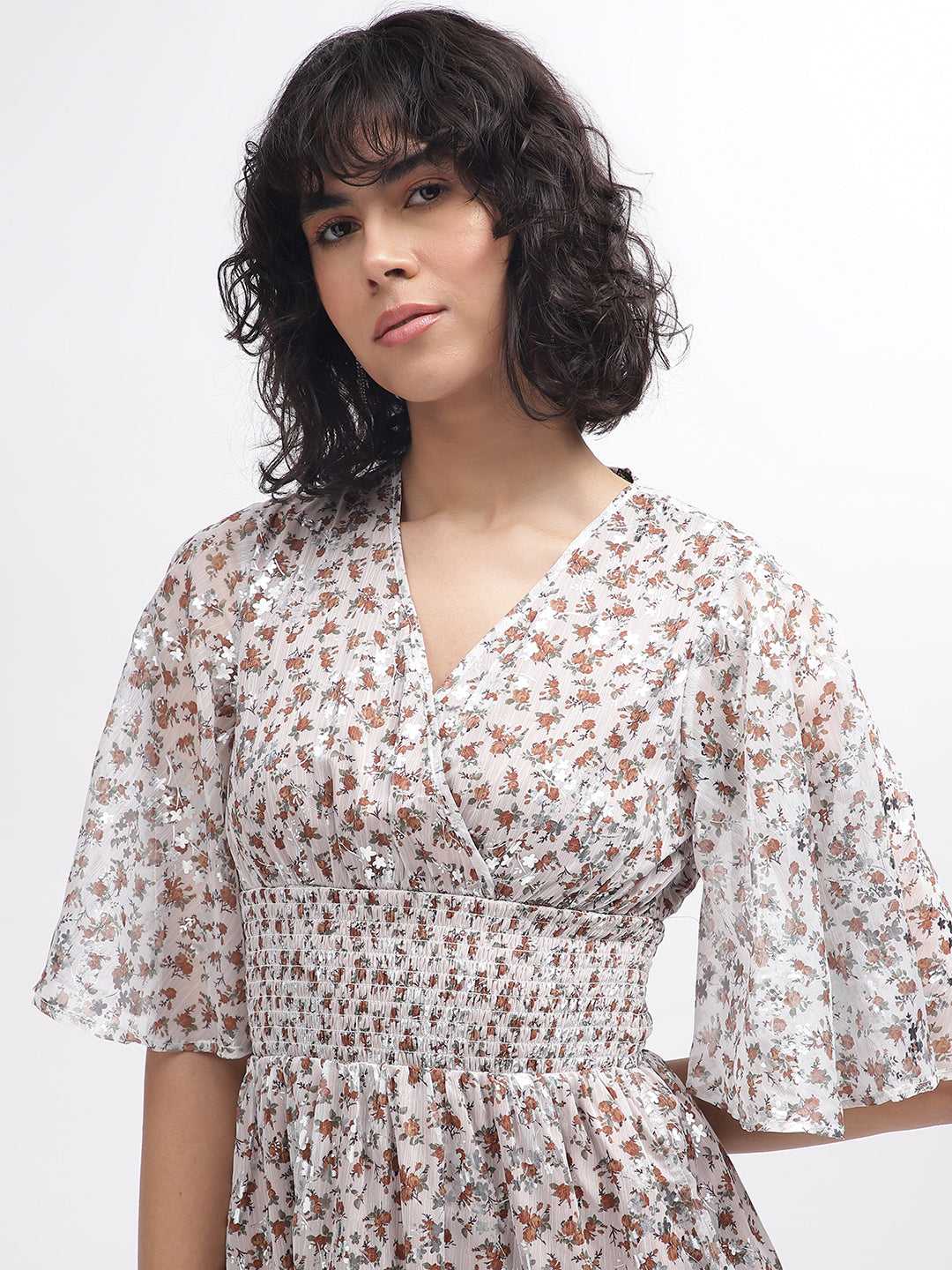 Elle Women Off White Printed V-Neck Short Sleeves Dress