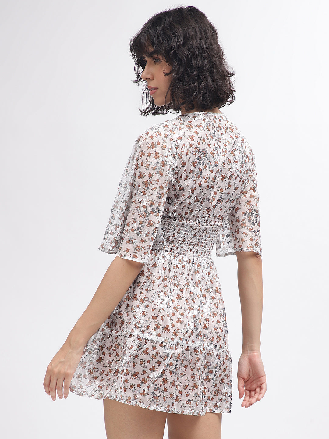 Elle Women Off White Printed V-Neck Short Sleeves Dress