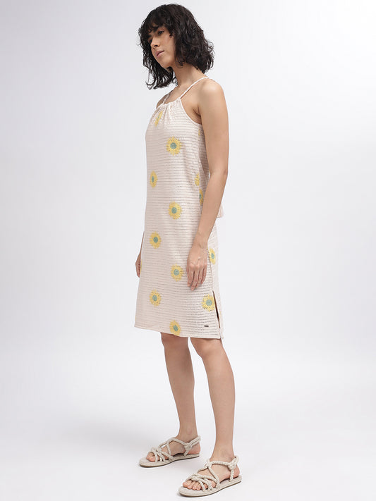 Elle Women Beige Self-Design Square Neck Shoulder Straps Dress