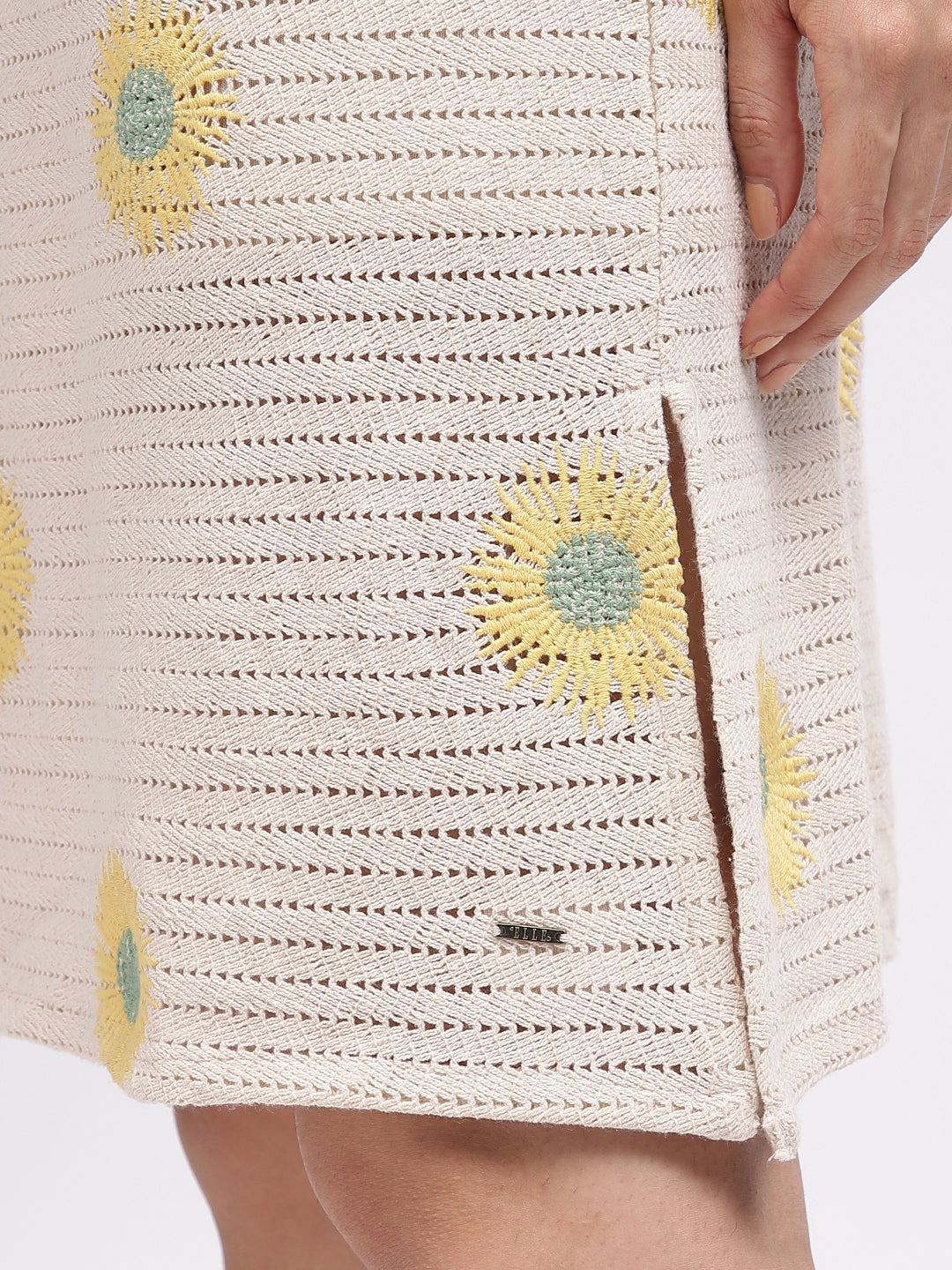 Elle Women Beige Self-Design Square Neck Shoulder Straps Dress