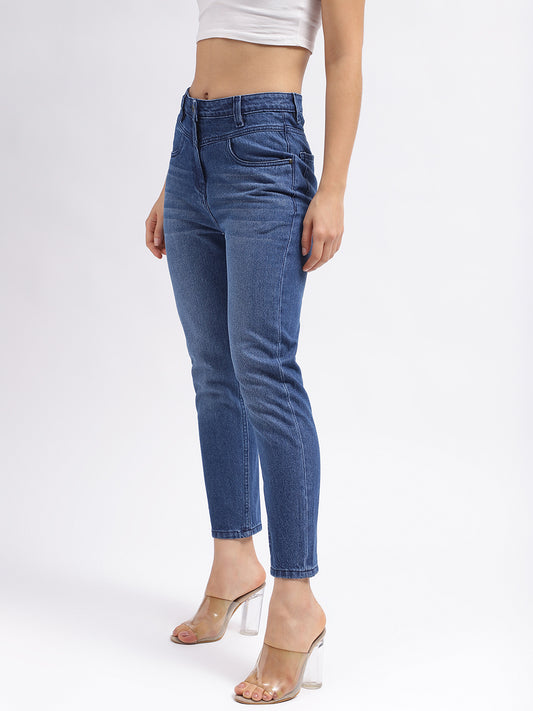 Elle Women Blue Solid Slim Straight Fit Mid-Rise Jeans