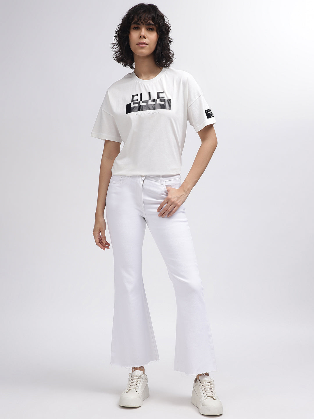 Elle Women Off White Solid Bootcut Jeans